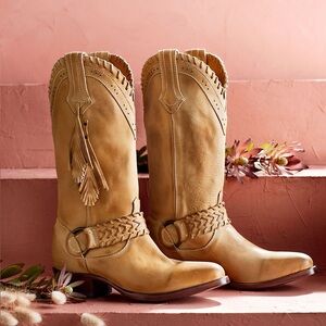 Overland Cora Leather Moto Cowboy Fringe Distressed Boots Tan Size 9.5 B